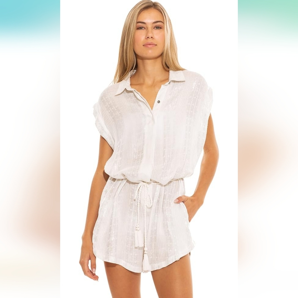 Isabella rose white sheer metallic villa swim cover up romper | size m